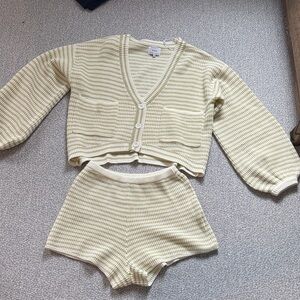 Sabo Skirt Two-Piece Knit Cardigan & Shorts Set in Pale Yellow and Cream